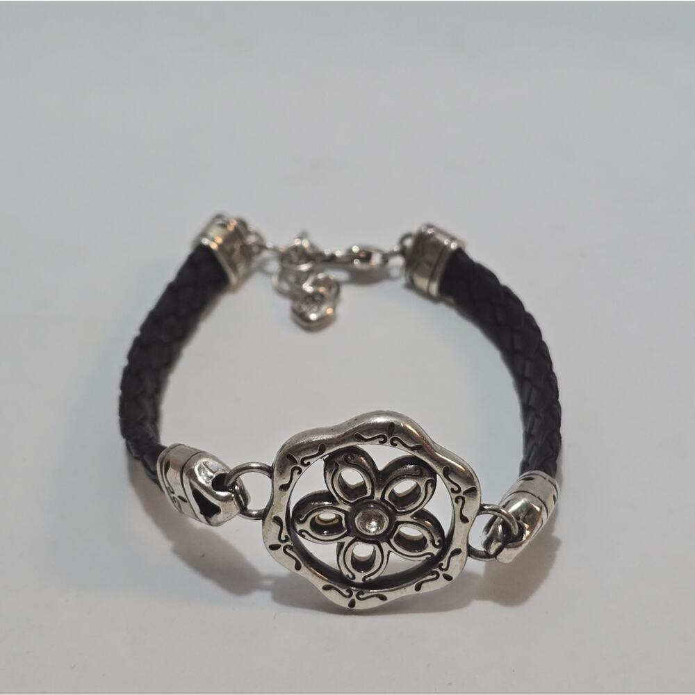 Brighton Black Leather Braided Reversible Charm Station Bracelet